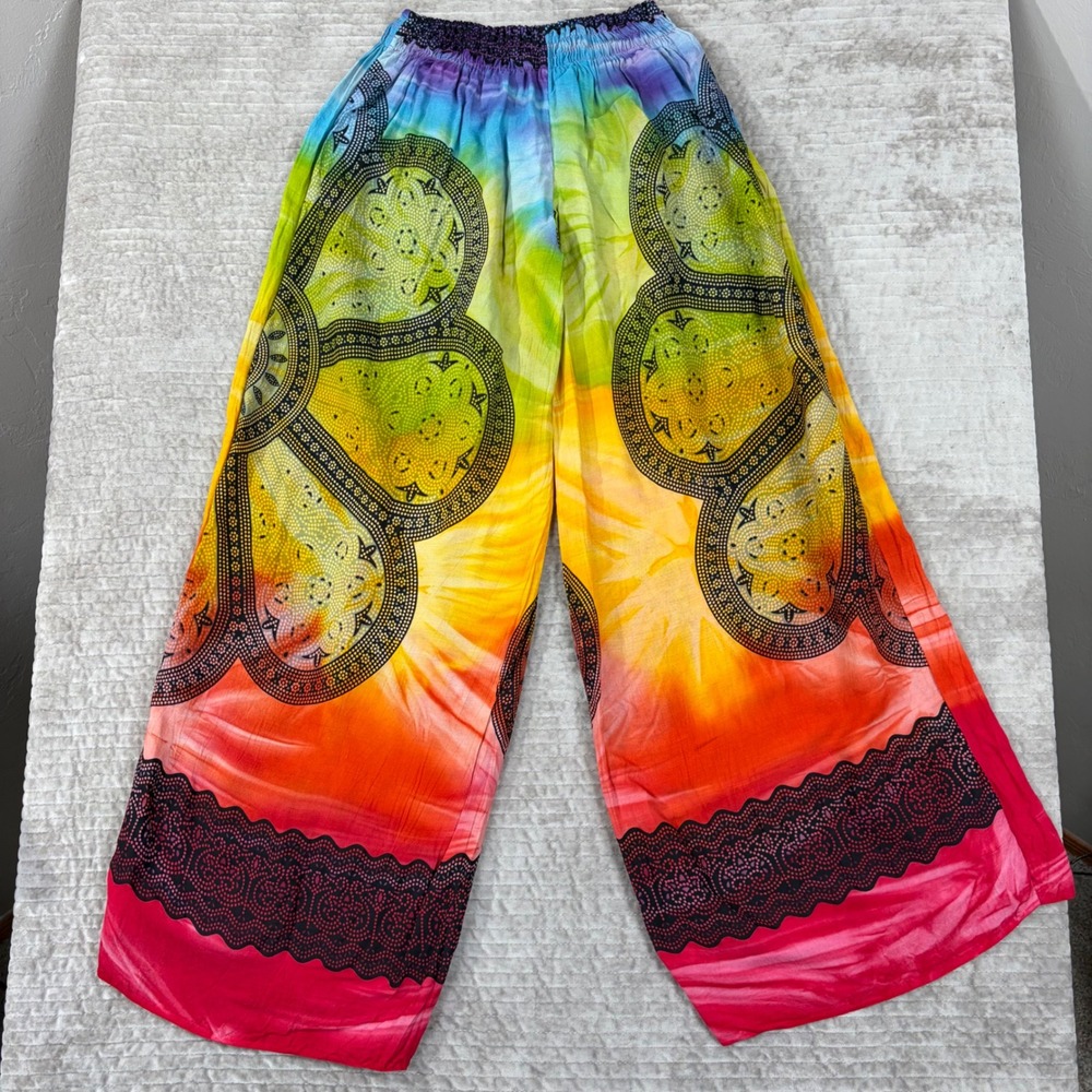 Boho‎ Rainbow Tie Dye Wide Leg Palazzo Pants Mandala Print Elastic Waist OS